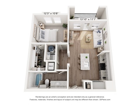A 3D floor plan of a small apartment with a kitchen, living room, and bedroom.